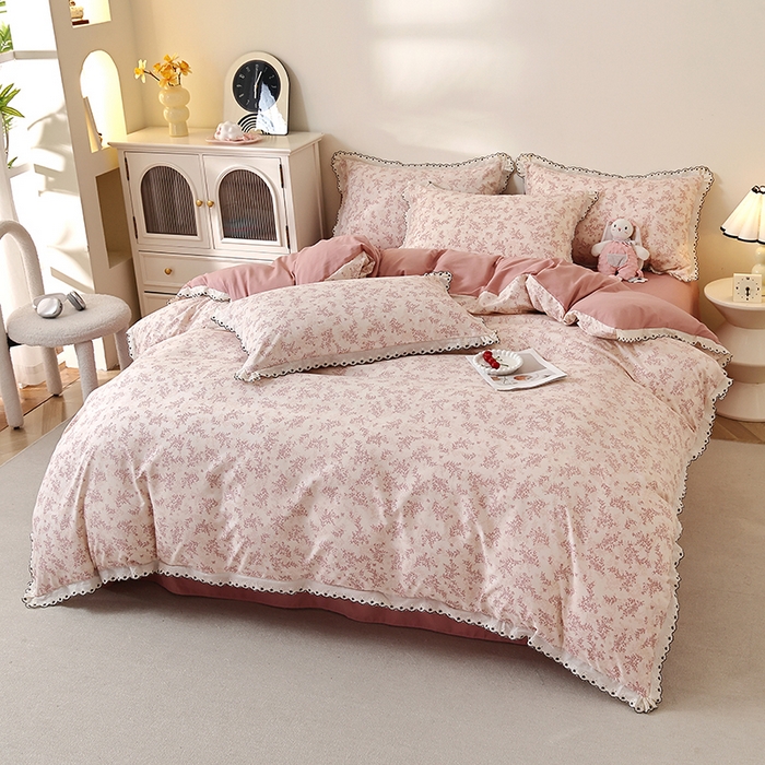 91家纺网 家纺一手货源 找家纺 北部居 2026新款水洗仿棉韩版花边款田园复古风小清新四件套 枫晚