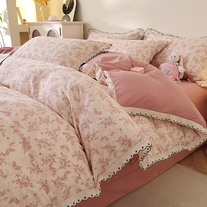 91家纺网 家纺一手货源 找家纺 北部居 2026新款水洗仿棉韩版花边款田园复古风小清新四件套 枫晚