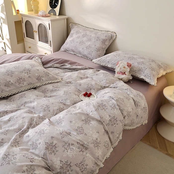 91家纺网 家纺一手货源 找家纺 北部居 2026新款水洗仿棉韩版花边款田园复古风小清新四件套 紫馨