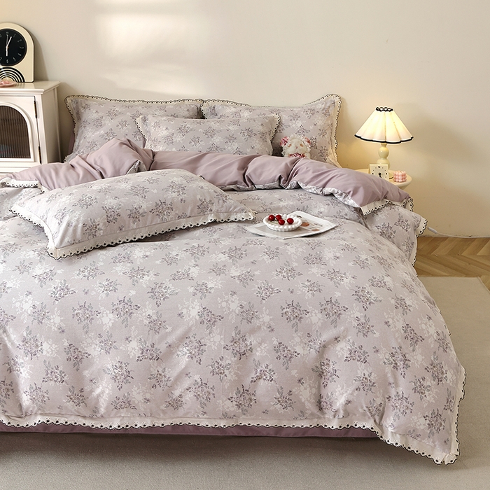 91家纺网 家纺一手货源 找家纺 北部居 2026新款水洗仿棉韩版花边款田园复古风小清新四件套 紫馨