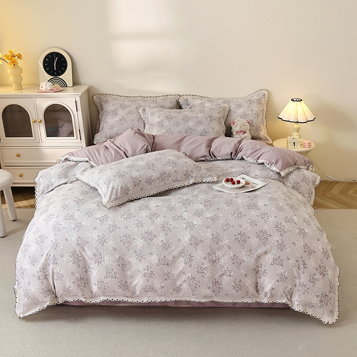 91家纺网 家纺一手货源 找家纺 北部居 2026新款水洗仿棉韩版花边款田园复古风小清新四件套 紫馨