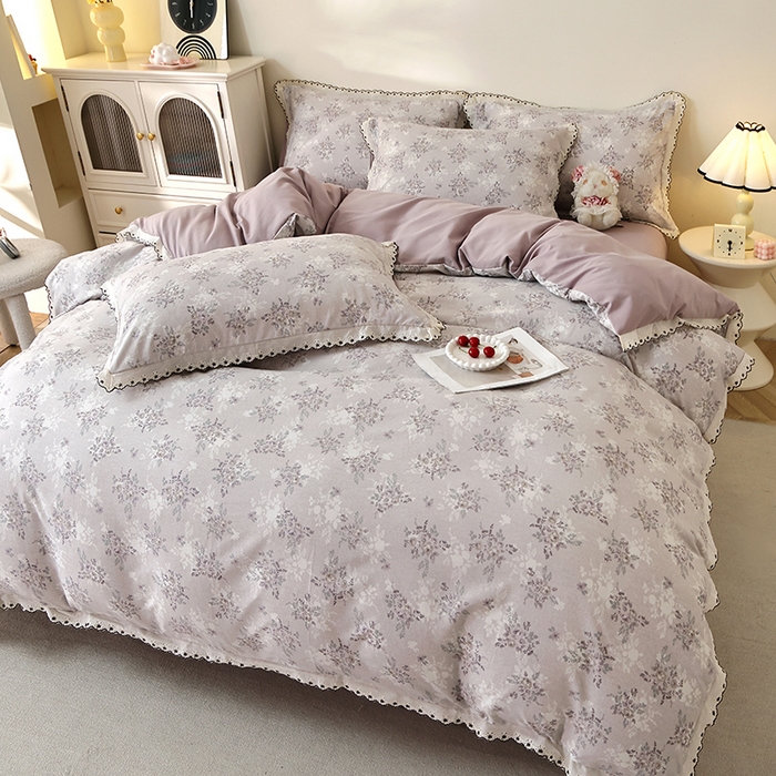 91家纺网 家纺一手货源 找家纺 北部居 2026新款水洗仿棉韩版花边款田园复古风小清新四件套 紫馨