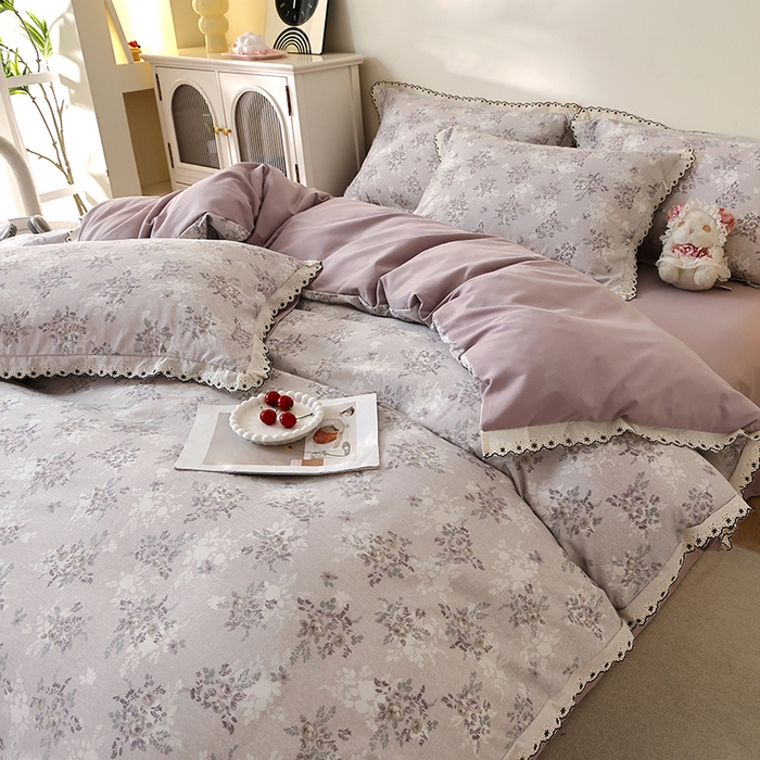 91家纺网 家纺一手货源 找家纺 北部居 2026新款水洗仿棉韩版花边款田园复古风小清新四件套 紫馨