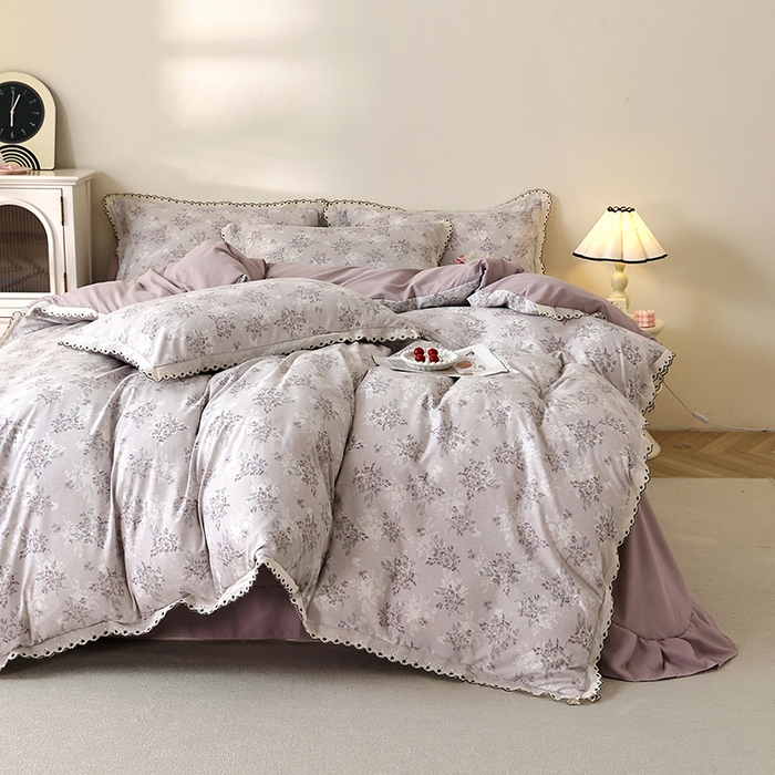 91家纺网 家纺一手货源 找家纺 北部居 2026新款水洗仿棉韩版花边款田园复古风小清新四件套 紫馨