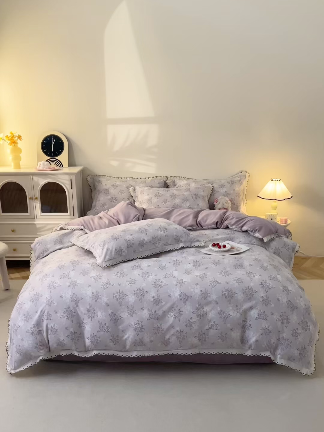 91家纺网 家纺一手货源 找家纺 北部居 2026新款水洗仿棉韩版花边款田园复古风小清新四件套 紫馨