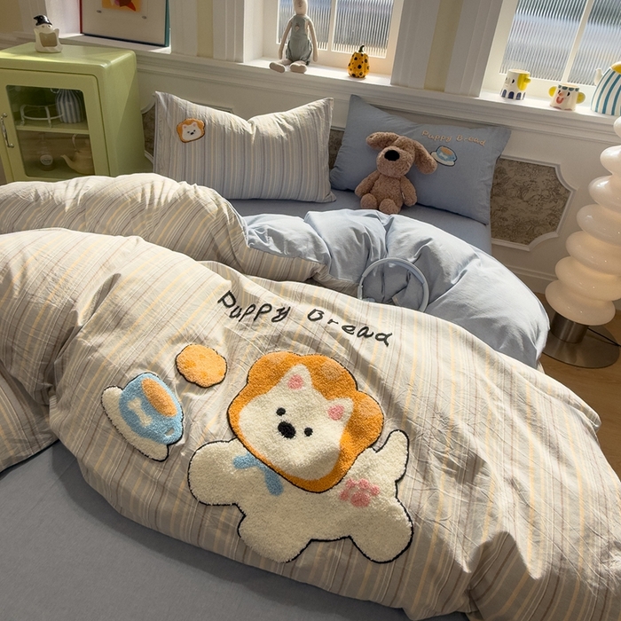 麦田家纺 2026加密A类色织全棉纯棉水洗棉毛巾绣四件套 面包小狗