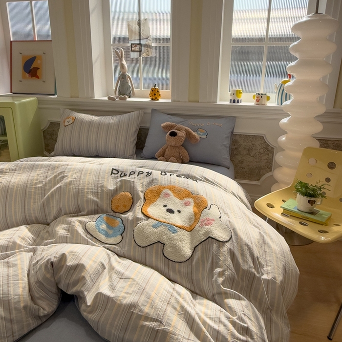 91家纺网 家纺一手货源 找家纺 麦田家纺 2026加密A类色织全棉纯棉水洗棉毛巾绣四件套 面包小狗