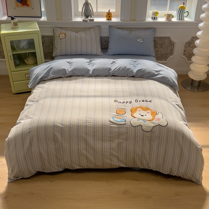 91家纺网 家纺一手货源 找家纺 麦田家纺 2026加密A类色织全棉纯棉水洗棉毛巾绣四件套 面包小狗