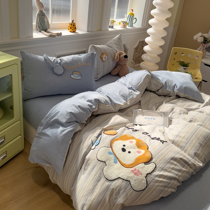 91家纺网 家纺一手货源 找家纺 麦田家纺 2026加密A类色织全棉纯棉水洗棉毛巾绣四件套 面包小狗