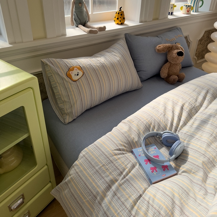 91家纺网 家纺一手货源 找家纺 麦田家纺 2026加密A类色织全棉纯棉水洗棉毛巾绣四件套 面包小狗