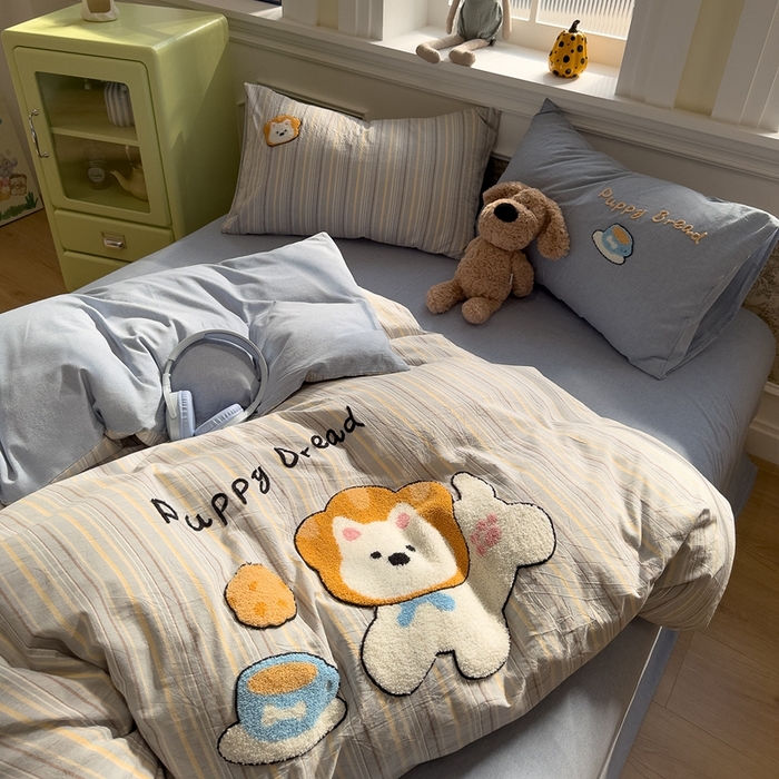 91家纺网 家纺一手货源 找家纺 麦田家纺 2026加密A类色织全棉纯棉水洗棉毛巾绣四件套 面包小狗