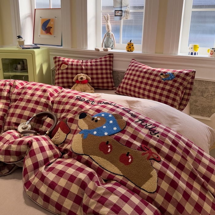 麦田家纺 2026加密A类色织全棉纯棉水洗棉毛巾绣四件套 苹果腊肠狗