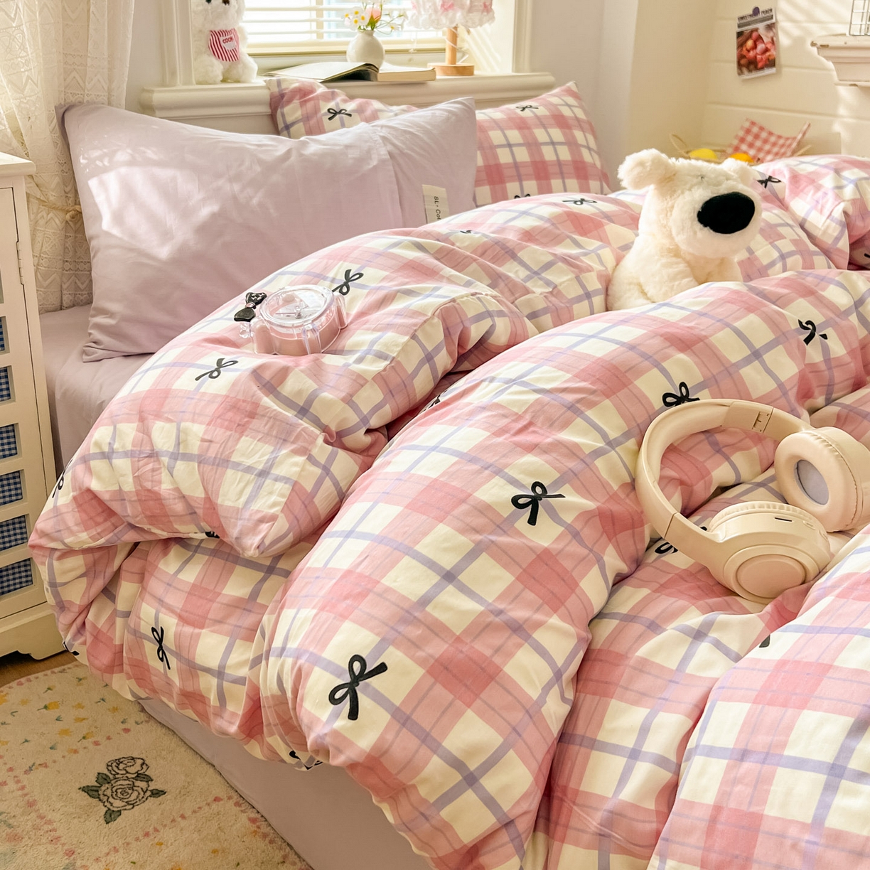 91家纺网 家纺一手货源 找家纺 （总）十里居 2026新款lns博主风韩系蝴蝶结全棉纯棉四件套-格子蝴蝶结