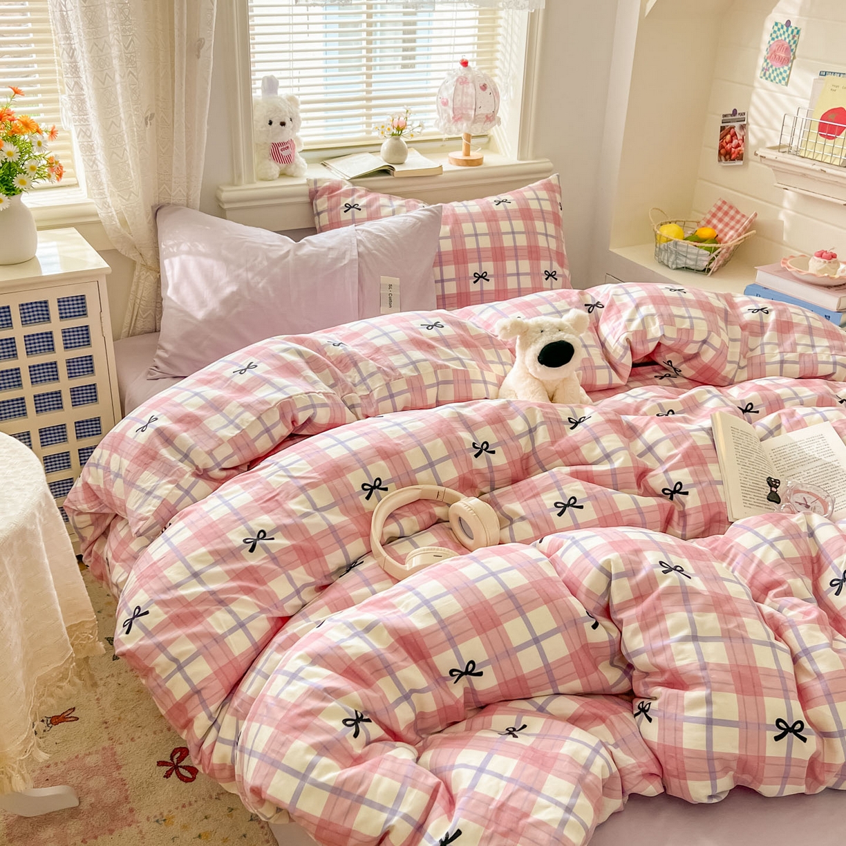 91家纺网 家纺一手货源 找家纺 （总）十里居 2026新款lns博主风韩系蝴蝶结全棉纯棉四件套-格子蝴蝶结