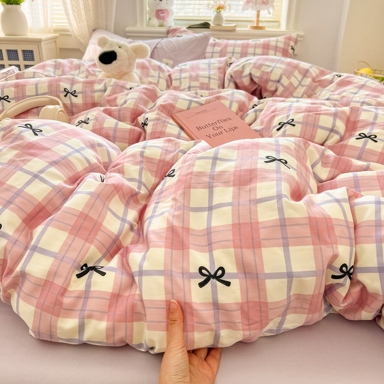 91家纺网 家纺一手货源 找家纺 （总）十里居 2026新款lns博主风韩系蝴蝶结全棉纯棉四件套-格子蝴蝶结