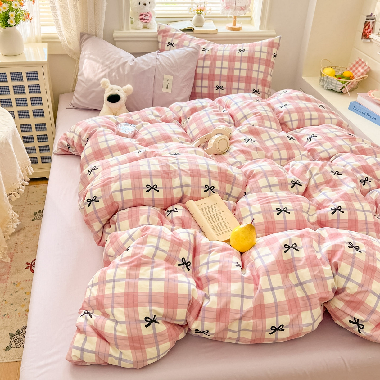 91家纺网 家纺一手货源 找家纺 （总）十里居 2026新款lns博主风韩系蝴蝶结全棉纯棉四件套-格子蝴蝶结