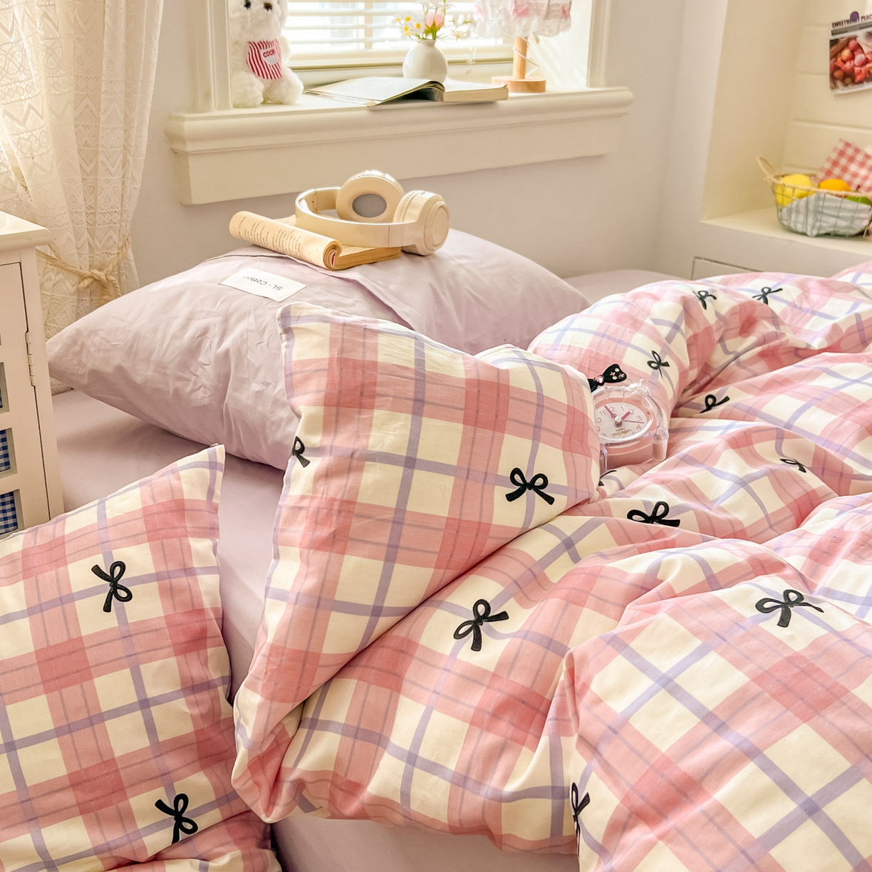 91家纺网 家纺一手货源 找家纺 （总）十里居 2026新款lns博主风韩系蝴蝶结全棉纯棉四件套-格子蝴蝶结