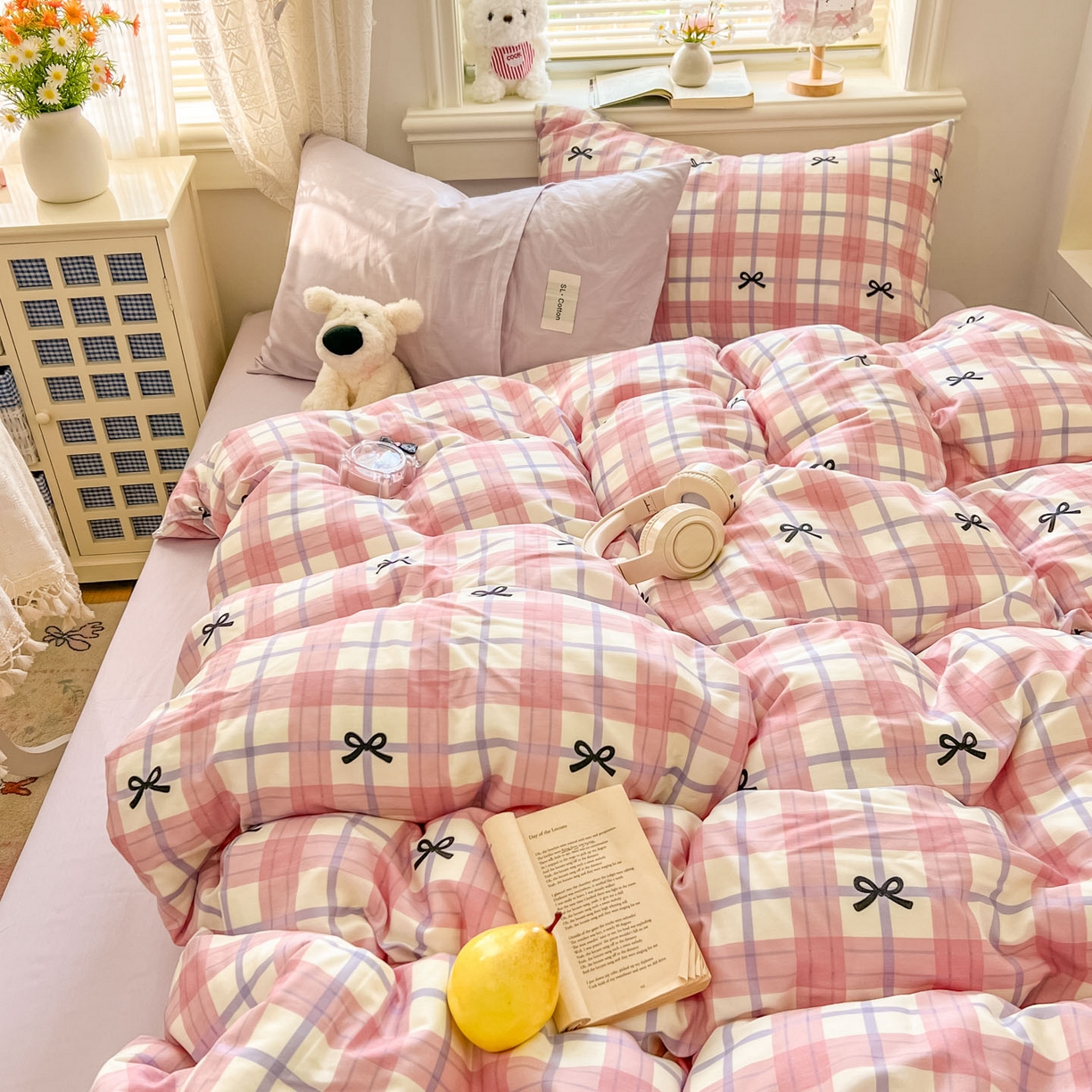 91家纺网 家纺一手货源 找家纺 （总）十里居 2026新款lns博主风韩系蝴蝶结全棉纯棉四件套-格子蝴蝶结