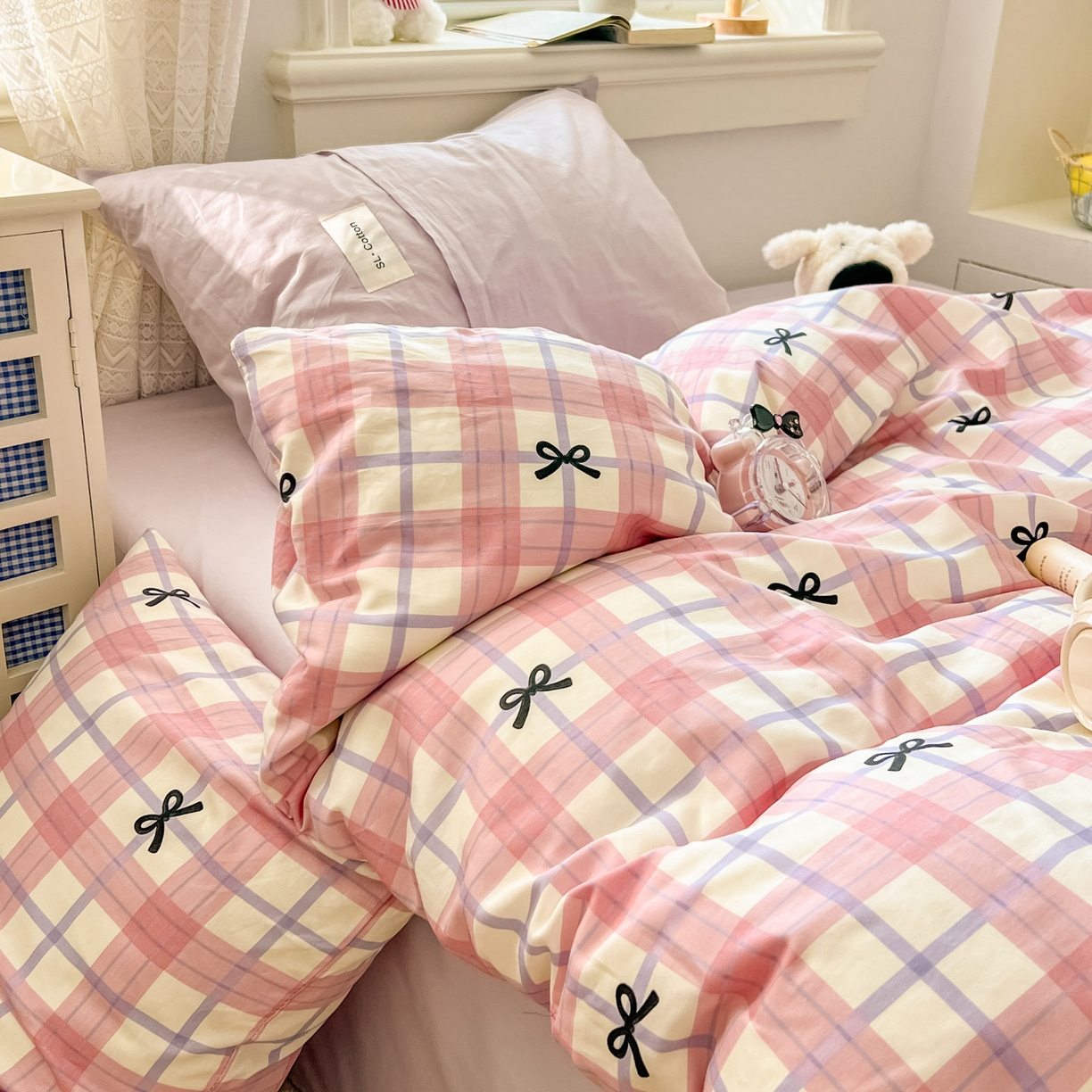 91家纺网 家纺一手货源 找家纺 （总）十里居 2026新款lns博主风韩系蝴蝶结全棉纯棉四件套-格子蝴蝶结