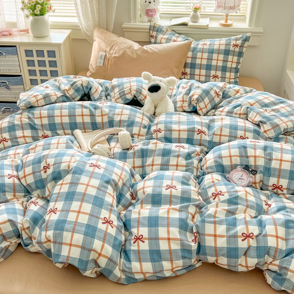 91家纺网 家纺一手货源 找家纺 （总）十里居 2026新款lns博主风韩系蝴蝶结全棉纯棉四件套-格子蝴蝶结