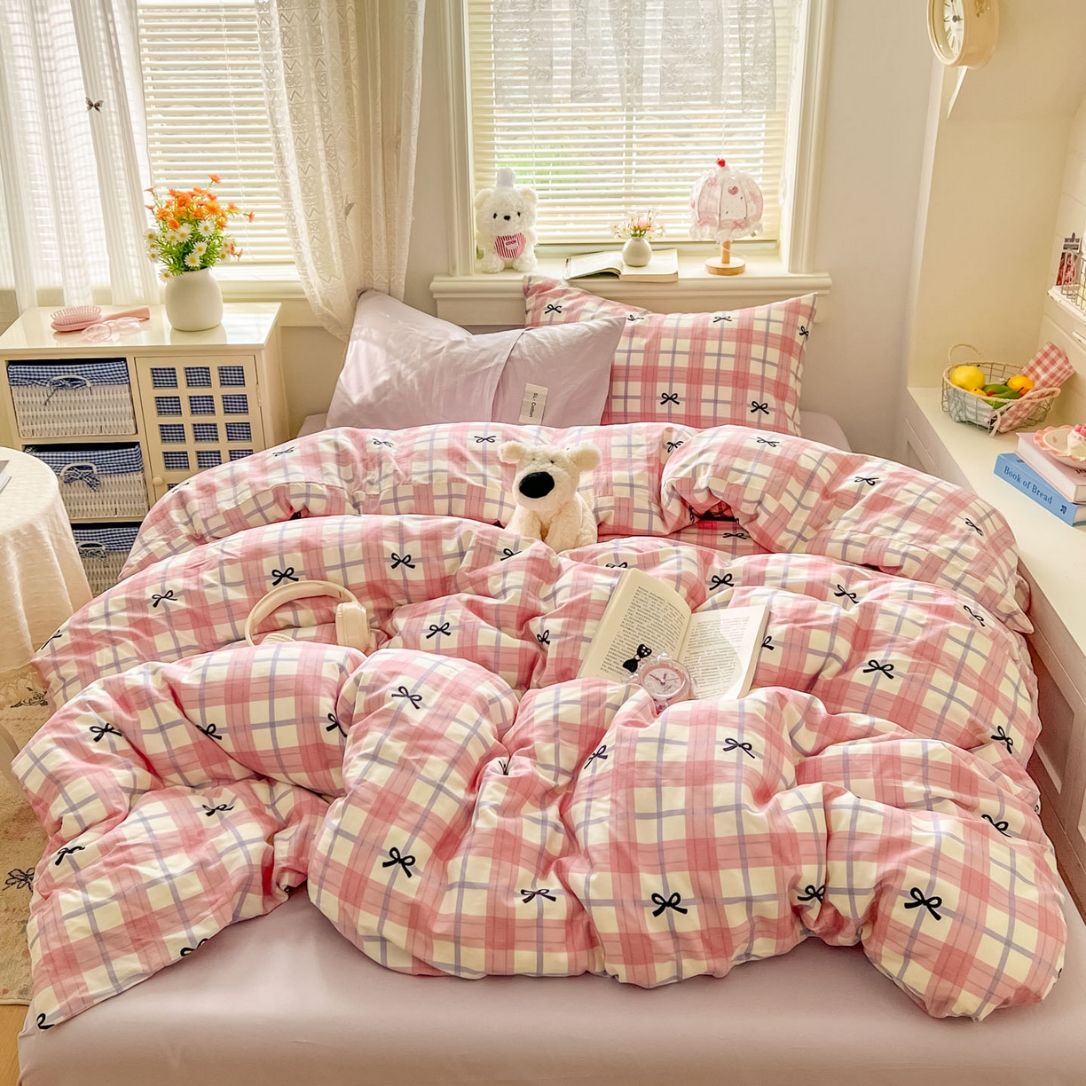 91家纺网 家纺一手货源 找家纺 十里居 2026新款lns博主风韩系蝴蝶结全棉纯棉四件套-格子蝴蝶结 格子蝴蝶结-粉紫