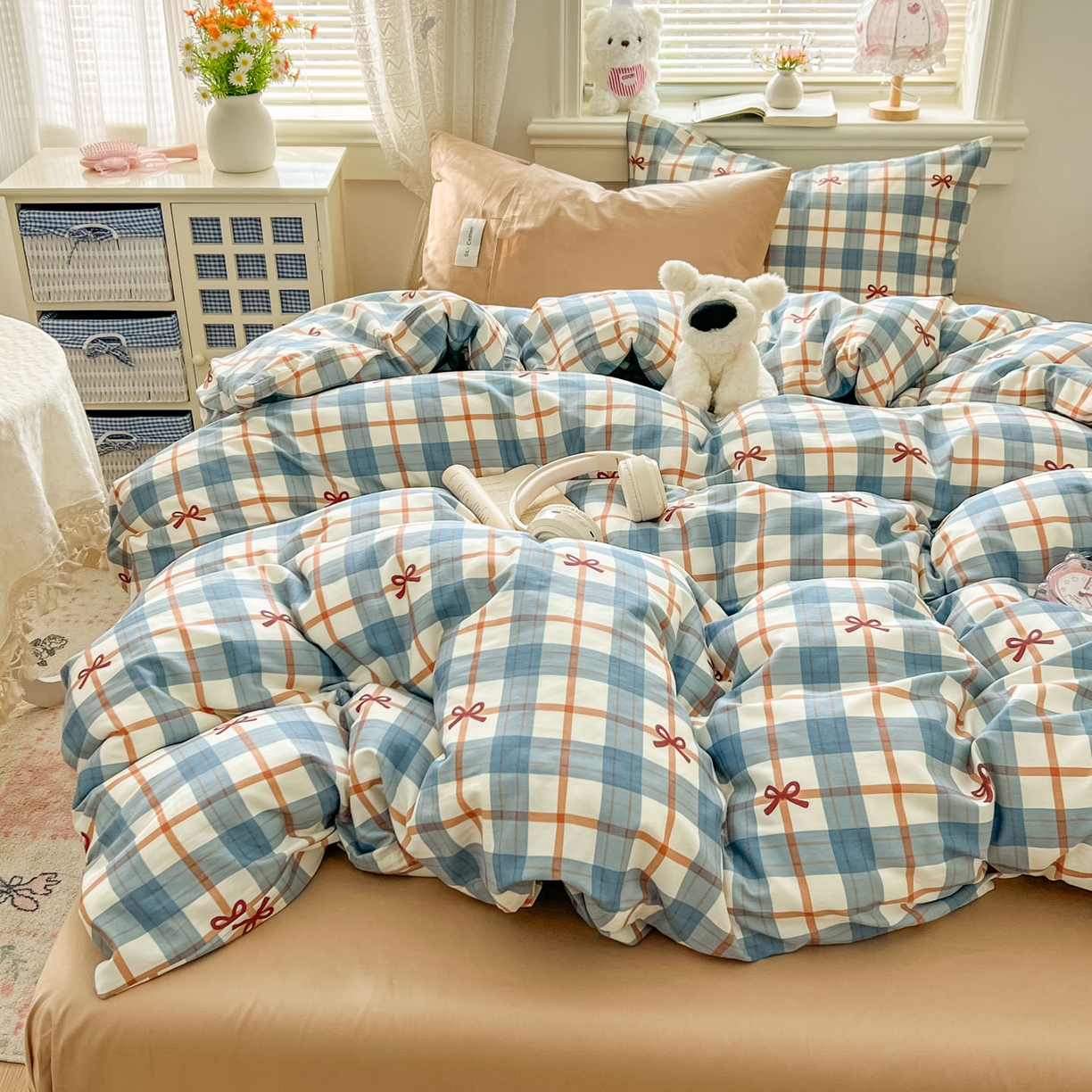 91家纺网 家纺一手货源 找家纺 十里居 2026新款lns博主风韩系蝴蝶结全棉纯棉四件套-格子蝴蝶结 格子蝴蝶结-兰咖