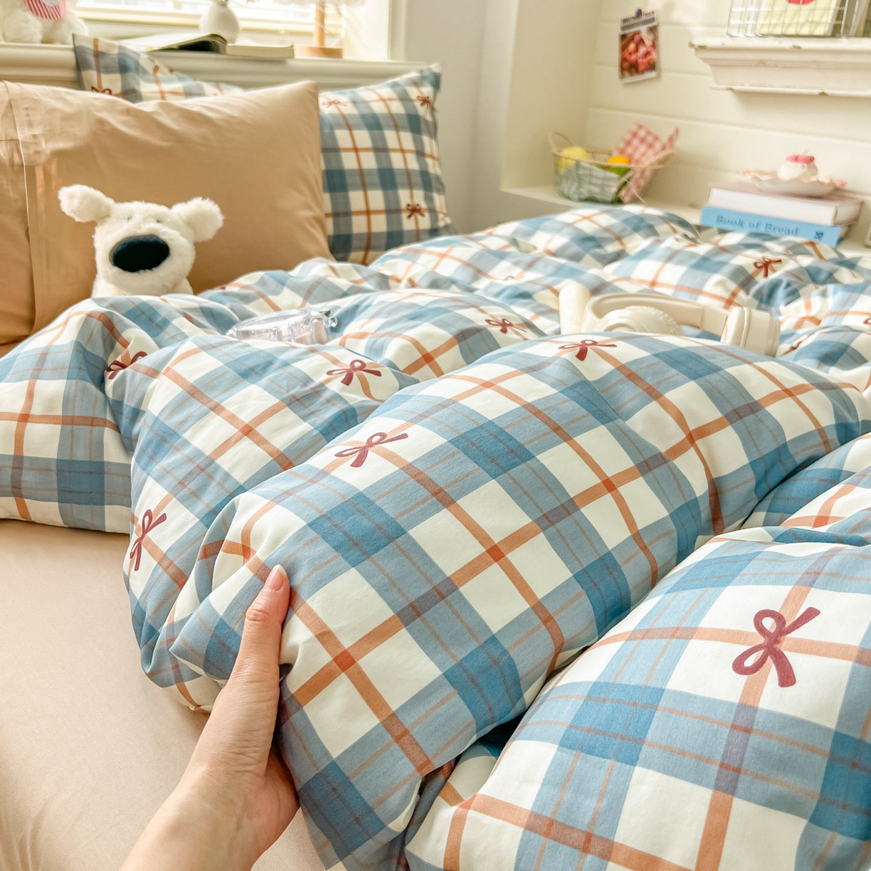 91家纺网 家纺一手货源 找家纺 十里居 2026新款lns博主风韩系蝴蝶结全棉纯棉四件套-格子蝴蝶结 格子蝴蝶结-兰咖