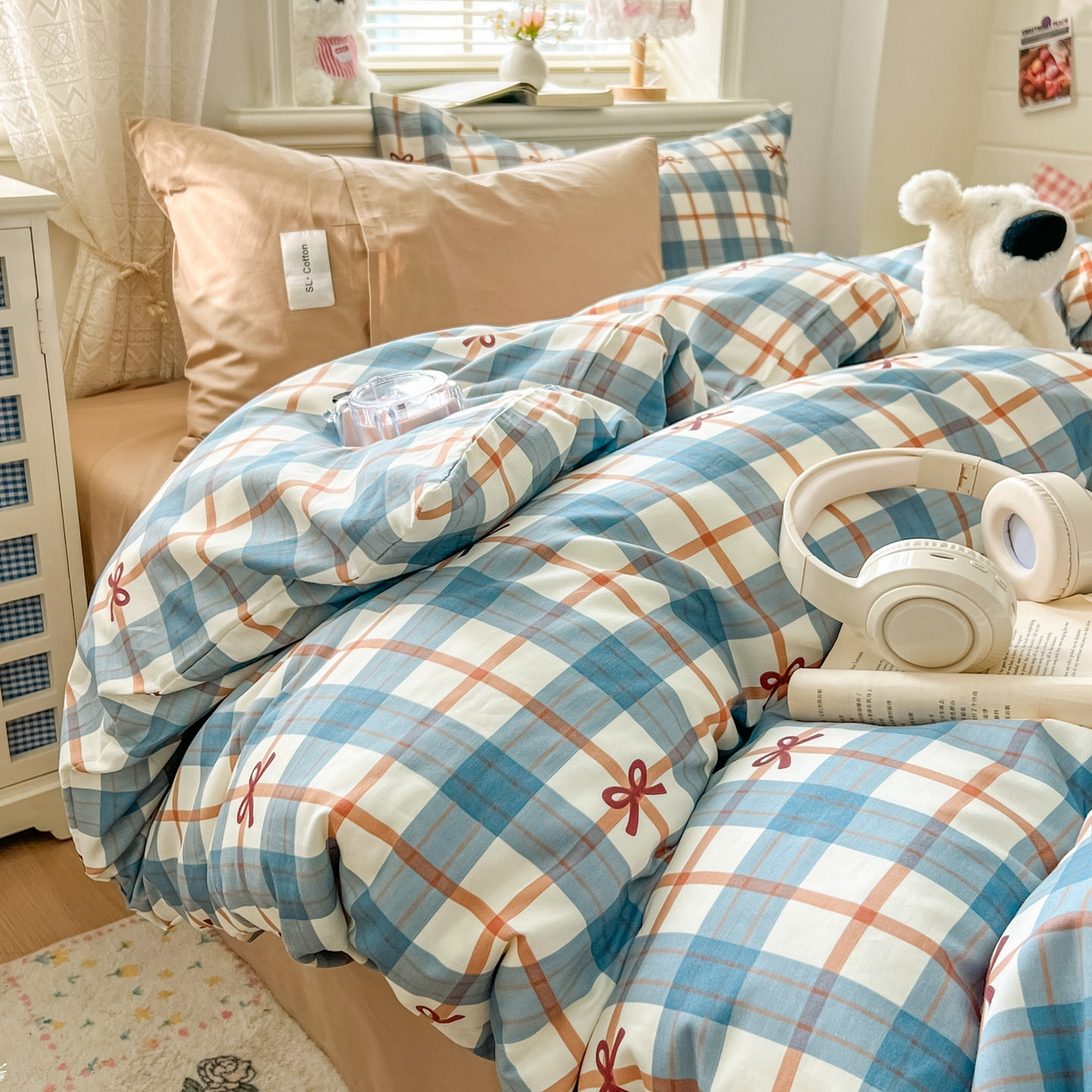 91家纺网 家纺一手货源 找家纺 十里居 2026新款lns博主风韩系蝴蝶结全棉纯棉四件套-格子蝴蝶结 格子蝴蝶结-兰咖