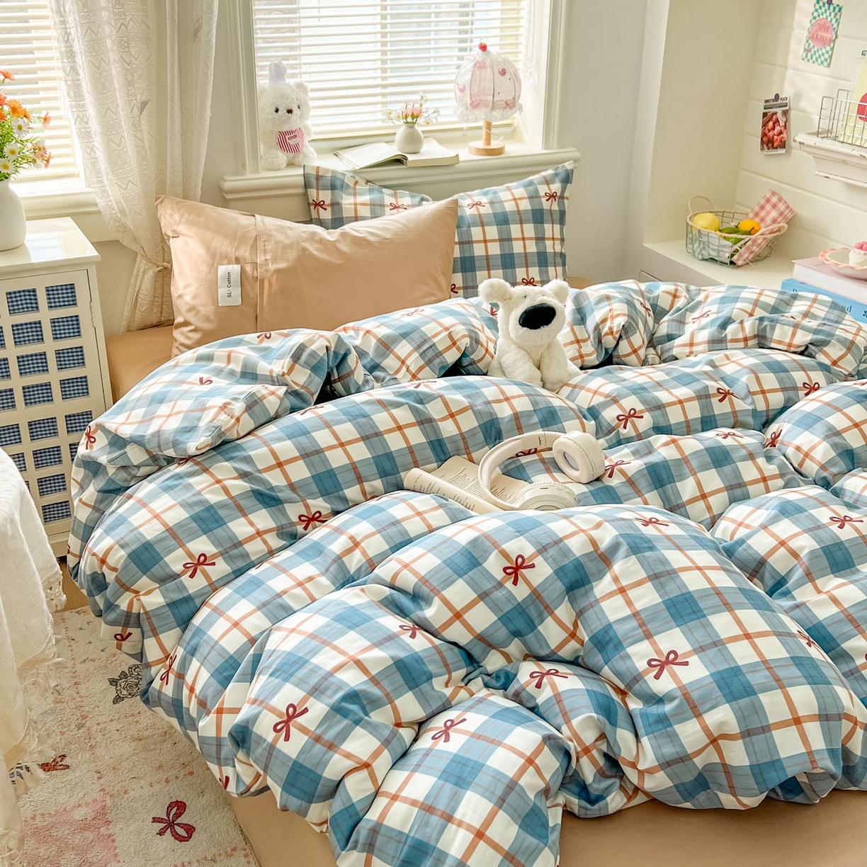 91家纺网 家纺一手货源 找家纺 十里居 2026新款lns博主风韩系蝴蝶结全棉纯棉四件套-格子蝴蝶结 格子蝴蝶结-兰咖