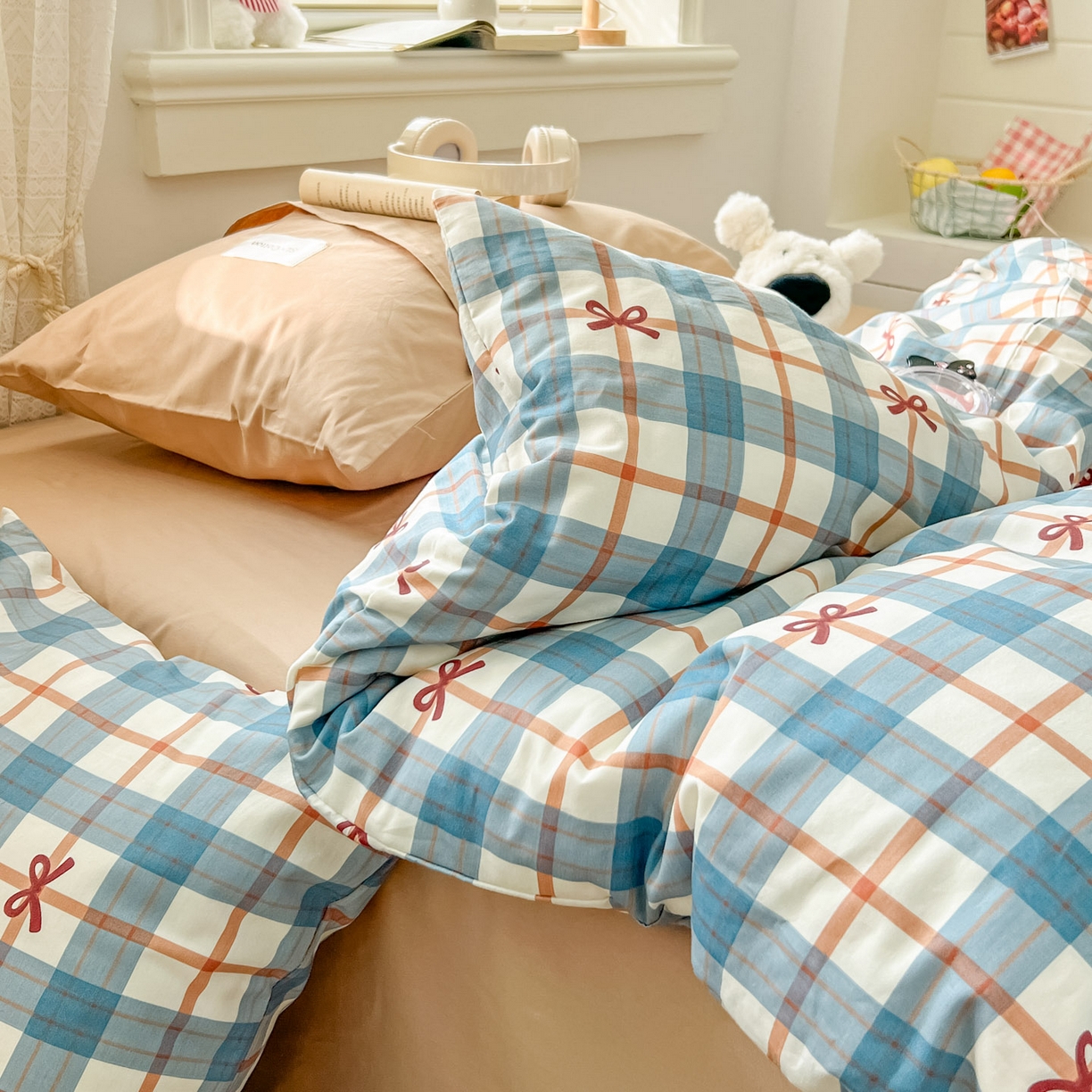 91家纺网 家纺一手货源 找家纺 十里居 2026新款lns博主风韩系蝴蝶结全棉纯棉四件套-格子蝴蝶结 格子蝴蝶结-兰咖