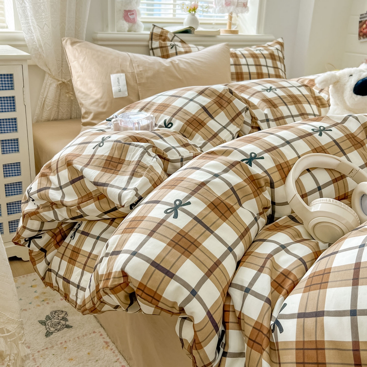 91家纺网 家纺一手货源 找家纺 十里居 2026新款lns博主风韩系蝴蝶结全棉纯棉四件套-格子蝴蝶结 格子蝴蝶结-奶咖