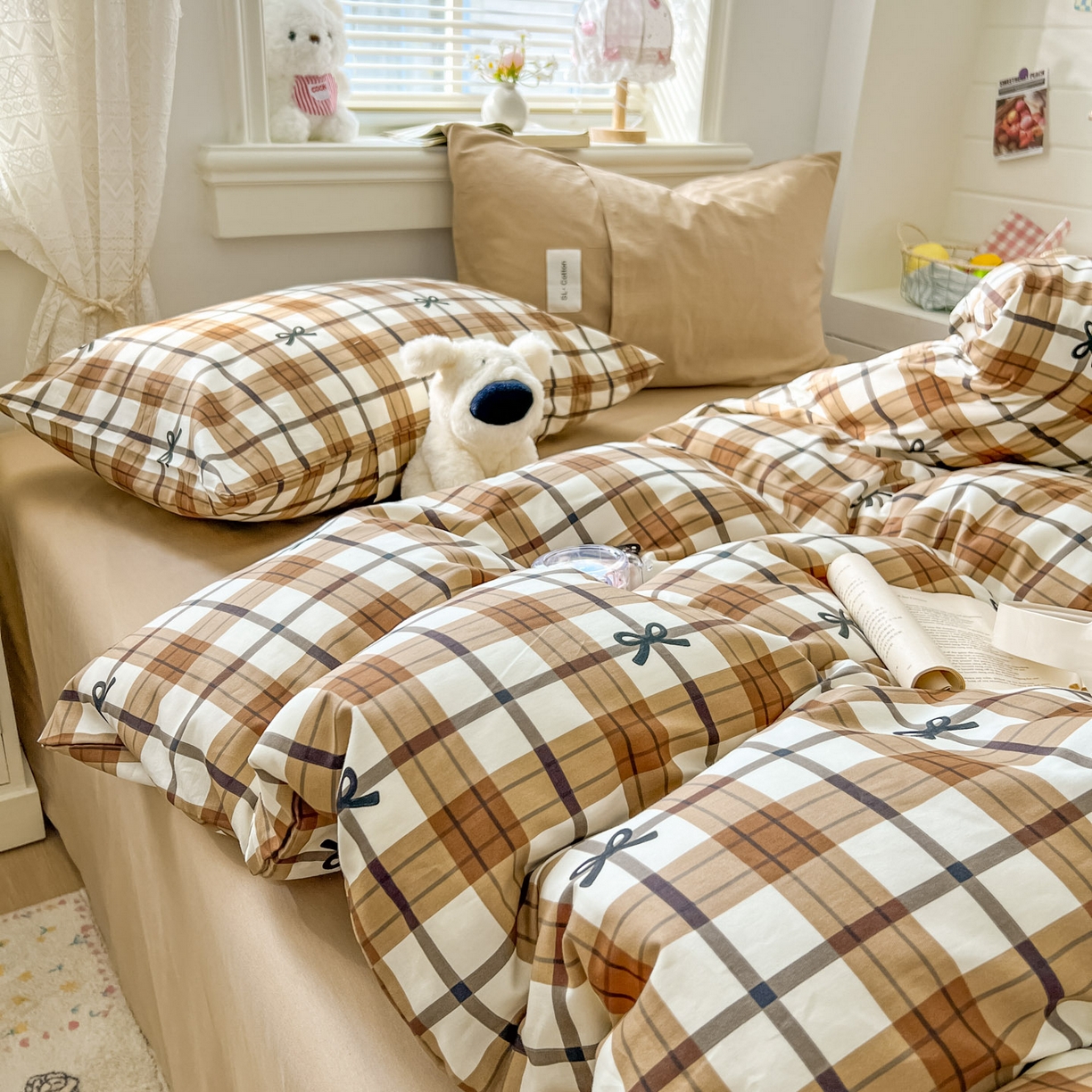 91家纺网 家纺一手货源 找家纺 十里居 2026新款lns博主风韩系蝴蝶结全棉纯棉四件套-格子蝴蝶结 格子蝴蝶结-奶咖