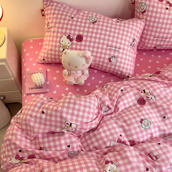 91家纺网 家纺一手货源 找家纺 朵希曼 2026新款正版授权全棉纯棉三丽鸥系列 粉格凯蒂