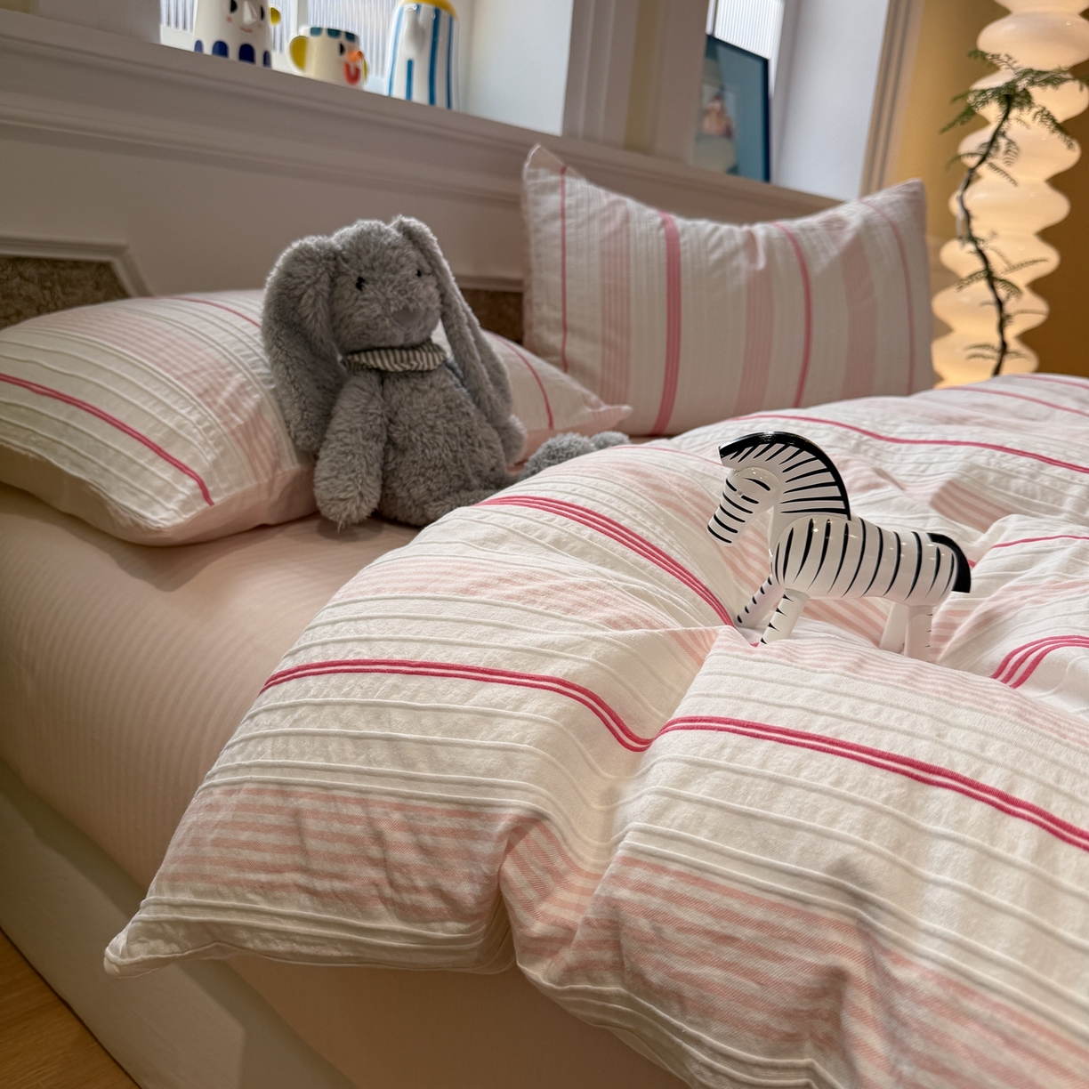 91家纺网 家纺一手货源 找家纺 棉小二 2026新款A类全棉水洗棉色织提花三件套-简约 简约-粉