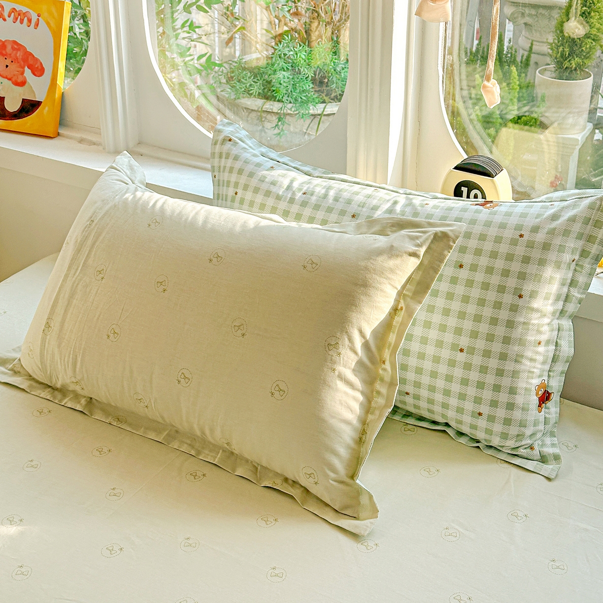 佳汐蓝家纺 2026新款全棉纯棉加厚13376印花单品枕套 枕套单件 绿格小熊