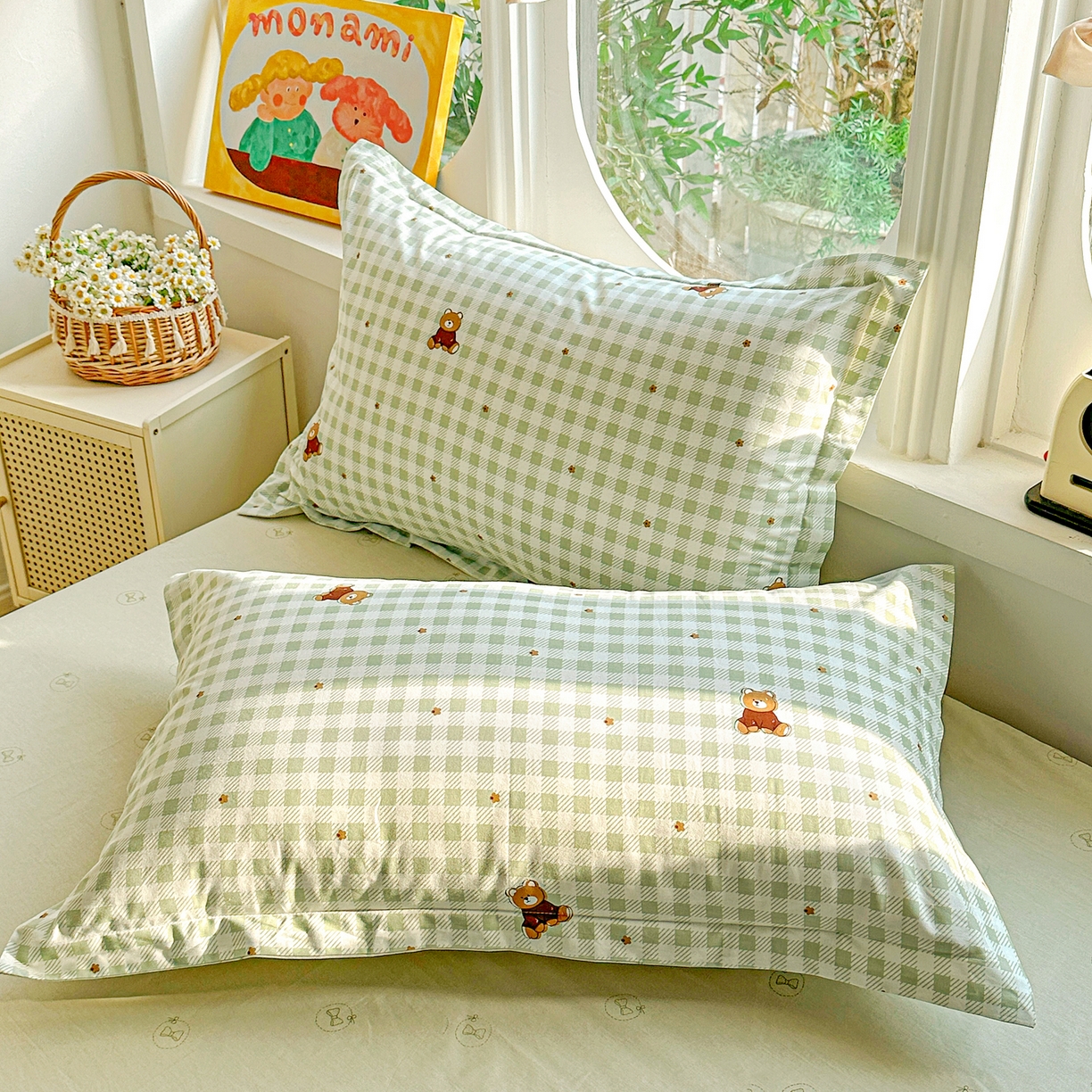 91家纺网 家纺一手货源 找家纺 佳汐蓝家纺 2026新款全棉纯棉加厚13376印花单品枕套 枕套单件 绿格小熊