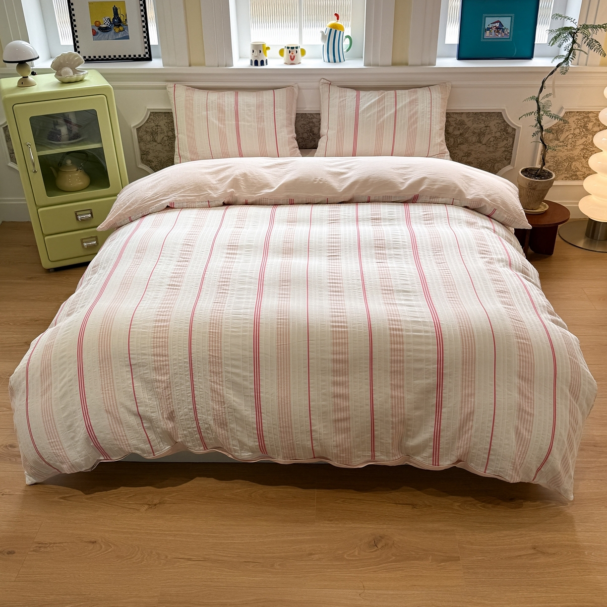 91家纺网 家纺一手货源 找家纺 棉小二 2026新款A类全棉水洗棉色织提花三件套-简约 简约-粉