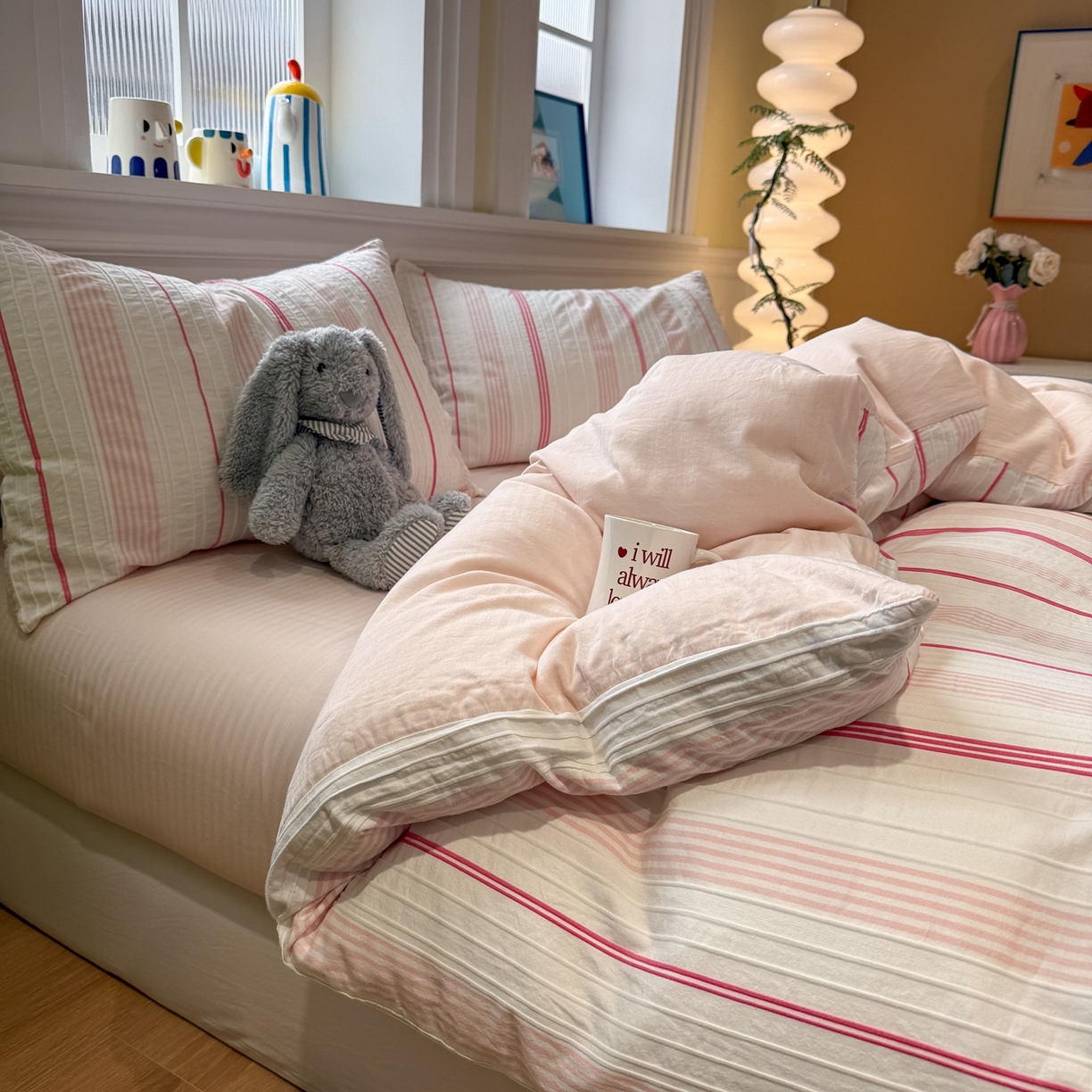 91家纺网 家纺一手货源 找家纺 棉小二 2026新款A类全棉水洗棉色织提花三件套-简约 简约-粉