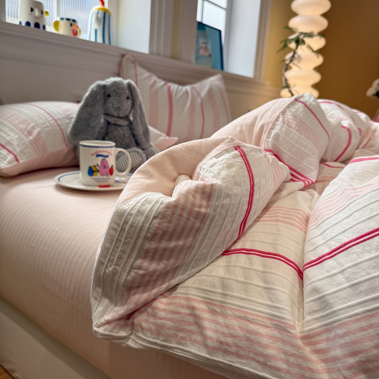 91家纺网 家纺一手货源 找家纺 棉小二 2026新款A类全棉水洗棉色织提花三件套-简约 简约-粉