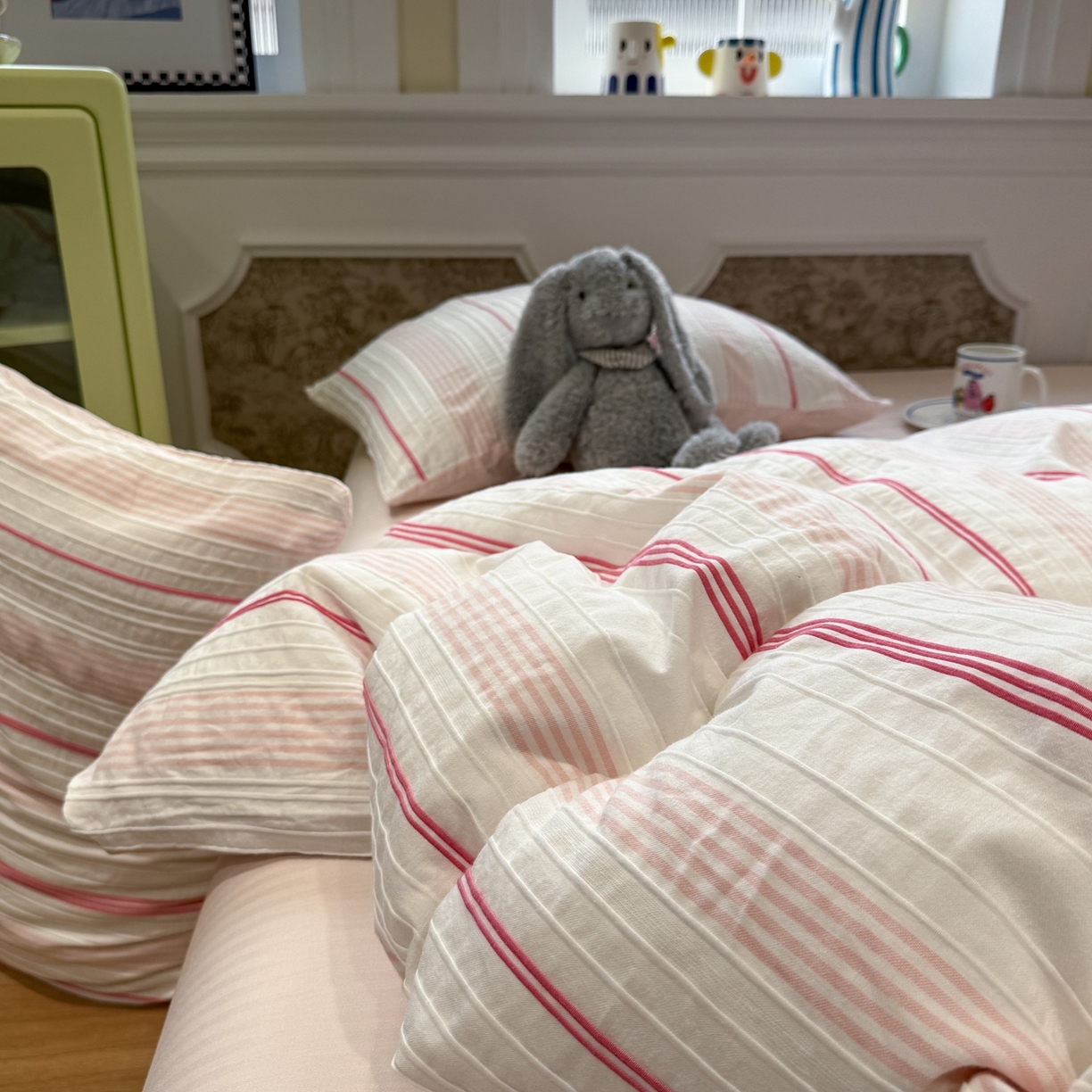 91家纺网 家纺一手货源 找家纺 棉小二 2026新款A类全棉水洗棉色织提花三件套-简约 简约-粉