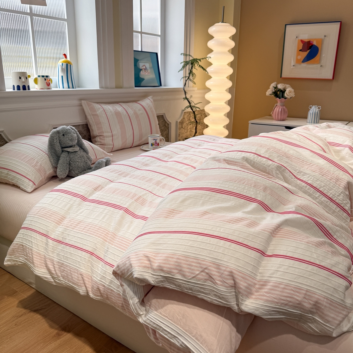 91家纺网 家纺一手货源 找家纺 棉小二 2026新款A类全棉水洗棉色织提花三件套-简约 简约-粉