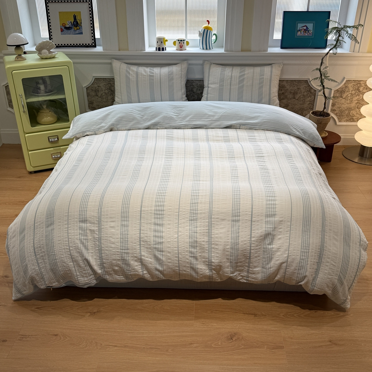 91家纺网 家纺一手货源 找家纺 棉小二 2026新款A类全棉水洗棉色织提花三件套-简约 简约-蓝