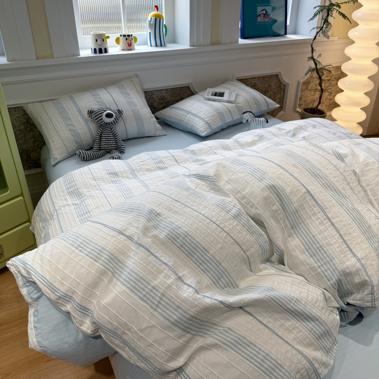 91家纺网 家纺一手货源 找家纺 棉小二 2026新款A类全棉水洗棉色织提花三件套-简约 简约-蓝