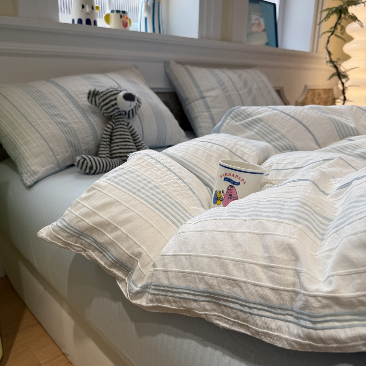 91家纺网 家纺一手货源 找家纺 棉小二 2026新款A类全棉水洗棉色织提花三件套-简约 简约-蓝