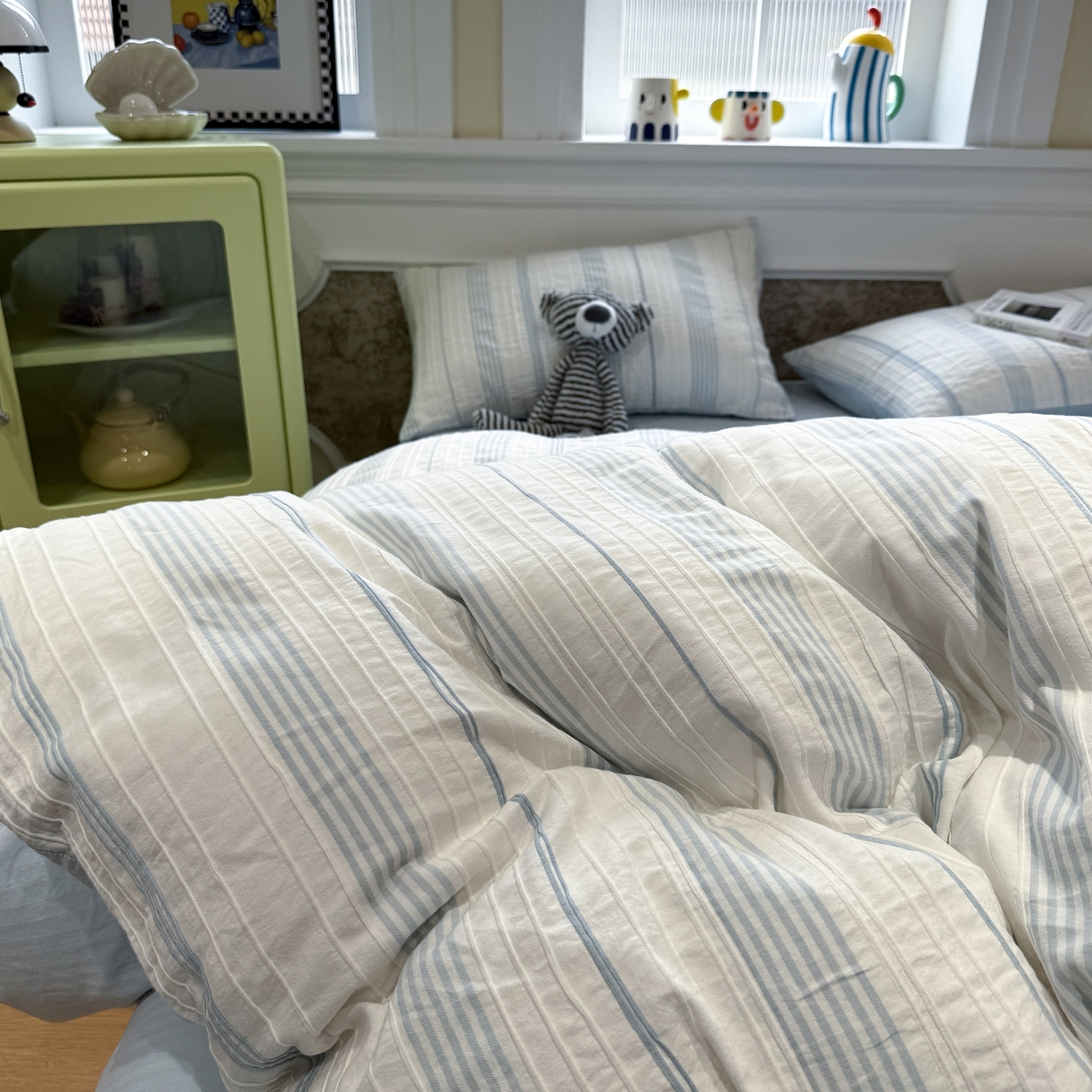 91家纺网 家纺一手货源 找家纺 棉小二 2026新款A类全棉水洗棉色织提花三件套-简约 简约-蓝