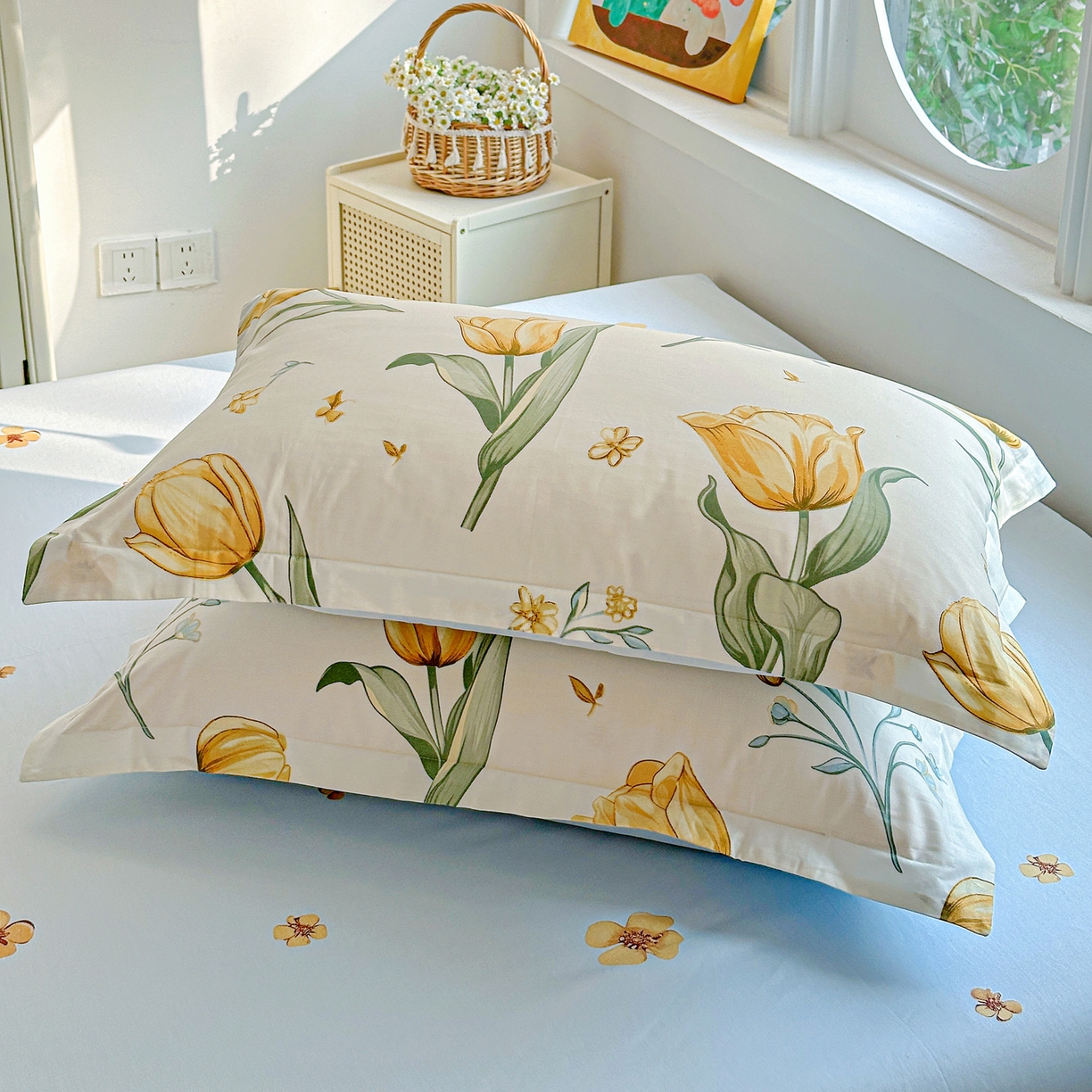 91家纺网 家纺一手货源 找家纺 佳汐蓝家纺 2026新款全棉纯棉加厚13376印花单品枕套 枕套单件 沐浴暖阳