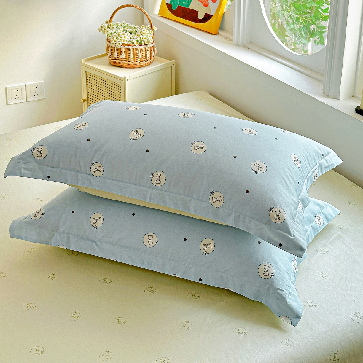 91家纺网 家纺一手货源 找家纺 佳汐蓝家纺 2026新款全棉纯棉加厚13376印花单品枕套 枕套单件 奶油蝴蝶结