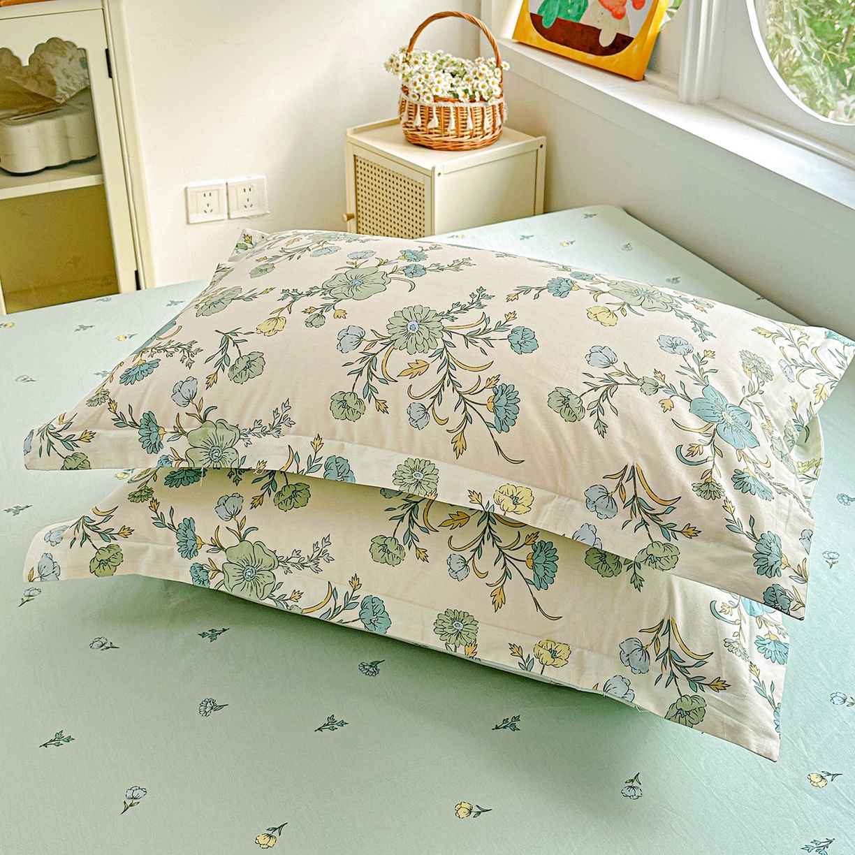 91家纺网 家纺一手货源 找家纺 佳汐蓝家纺 2026新款全棉纯棉加厚13376印花单品枕套 枕套单件 浅影落香