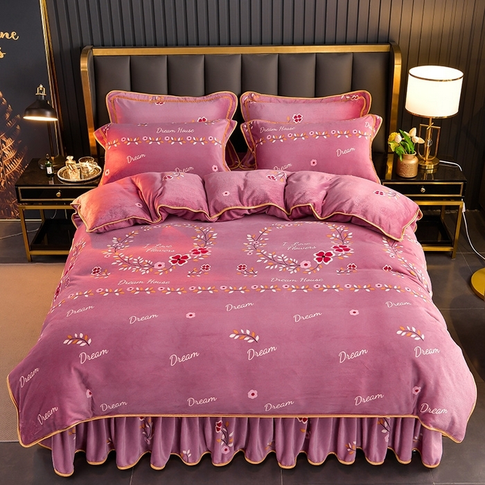 91家纺网 家纺一手货源 找家纺 诺梵家纺 2025新款8斤加厚保暖金貂绒牛奶绒印花四件套  向阳花开粉