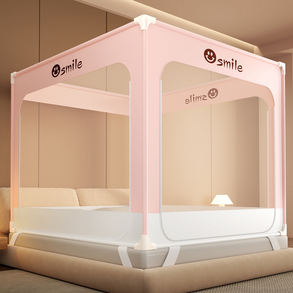 91家纺网 家纺一手货源 找家纺 雪姿家纺 2026新款外穿杆三开u型门全底防摔蚊帐-星辰 星辰-粉色